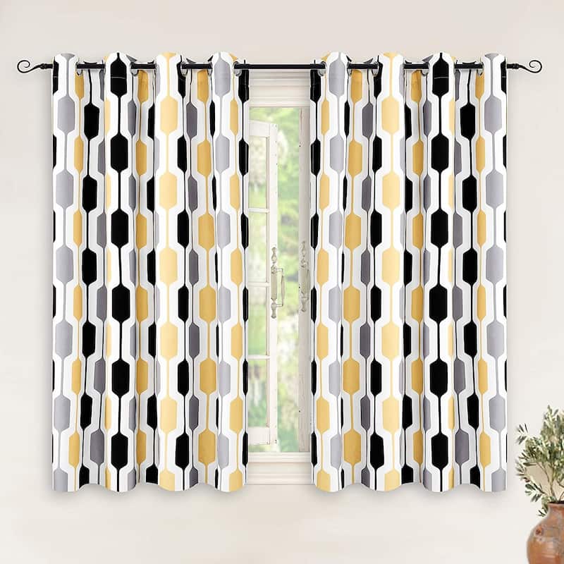 DriftAway Riley Geo Pattern Mid Century Lined Blackout Grommet Window Curtain Panel Pair - 52" width X 54 " length - Gold/Black/Gray