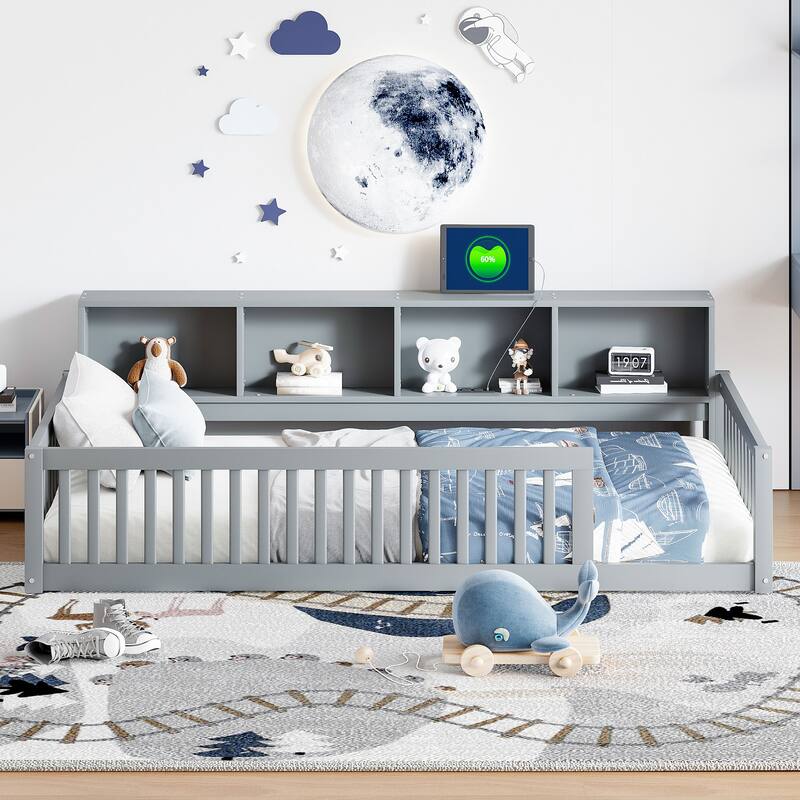 Twin XL Size Floor Bed with Built-in Storage Cabinets, USB Ports, and Charging Station, Perfect for Kids and Small Rooms