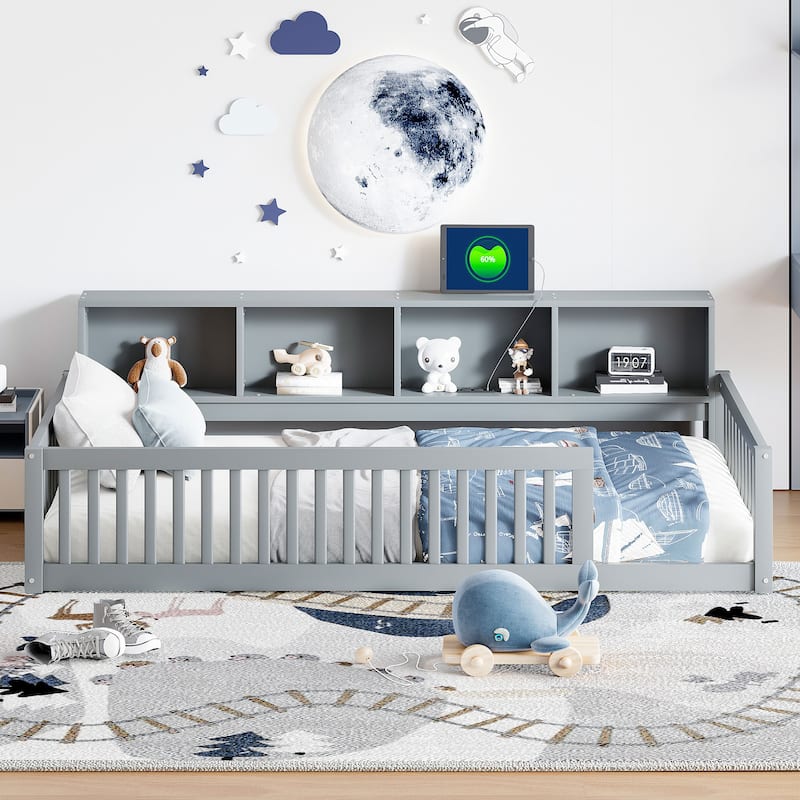 Wood Twin XL Size Floor Bed with Storage Cabinets and USB Ports, Solid Wood Bedframe w/Fence, No Box Spring Needed - Gray