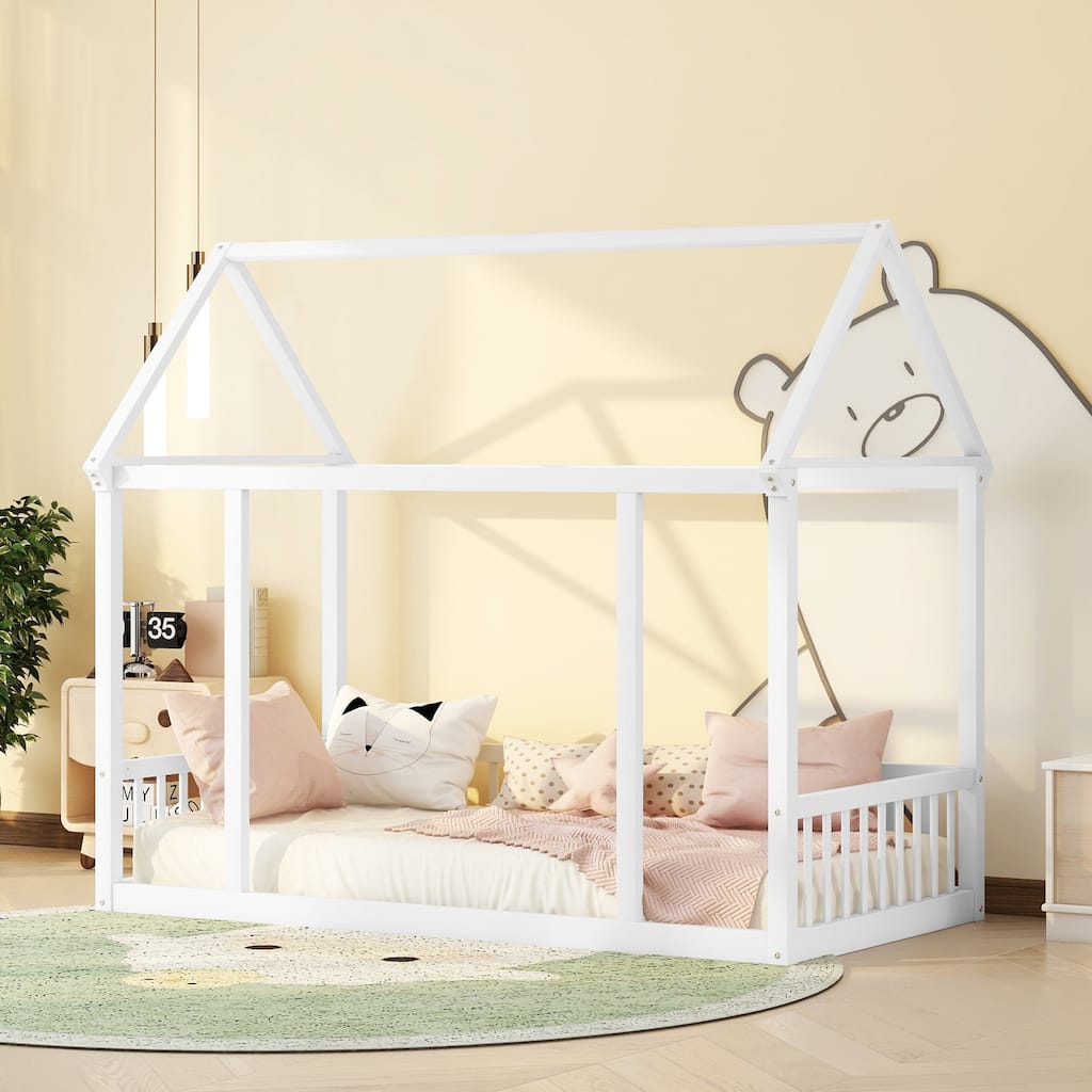 Wooden Bed with House Roof Frame and Safety Guardrails