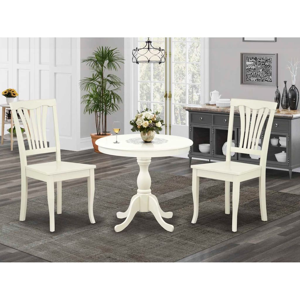 HomeStock 3-Piece Linen White Finish Solid Wood Top - Round Dining Room Set - Seats 4