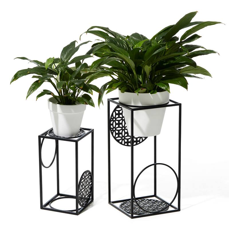 Glitzhome Set of 2 Black Metal Wire Rectangular Nesting Planter Stand Side Table