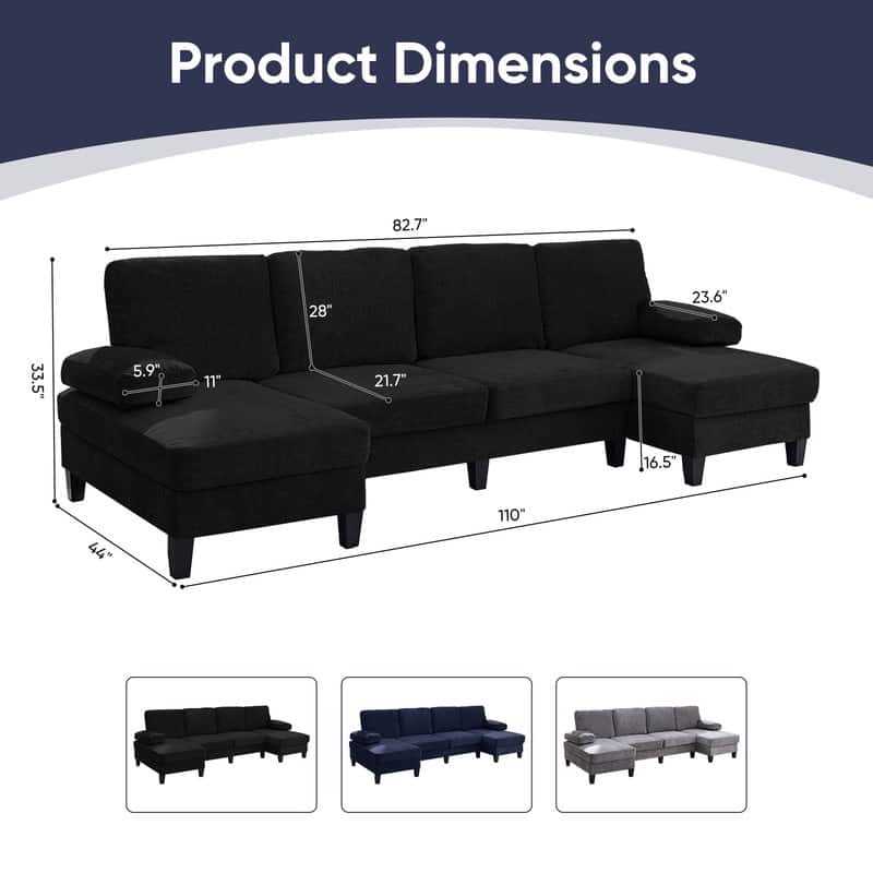 Mixoy 110"U-Shaped Sectional Couches,Chenille Fabric Upholstered Large 4-Seater Sofa with Double Chaises and Sleepable Armrest
