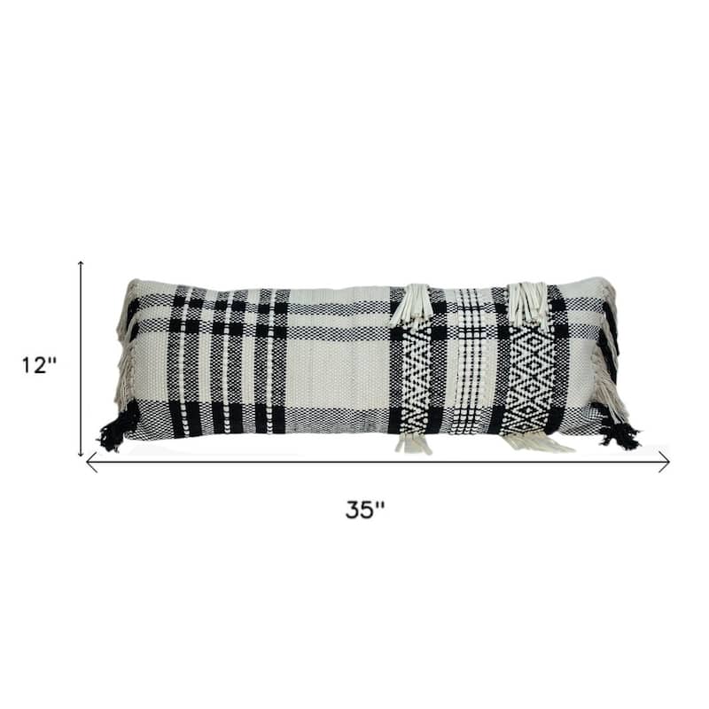 HomeRoots 12" X 35" Black and White Plaid Cotton Lumbar Throw Pillow With Fringe