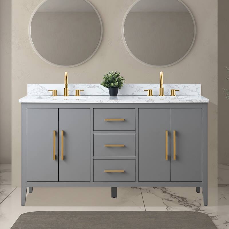 Vanity Art 60" Double Sink Bathroom Vanity Cabinet with Engineered Marble Top - 60"/Golden Brushed Handle - Cashmere Gray