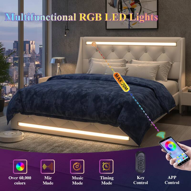 Queen Bed Frame with LED Lights, Upholstered Bed Frame with Charging Station, Platform Bed with Diamond Headboard, Wooden Slats