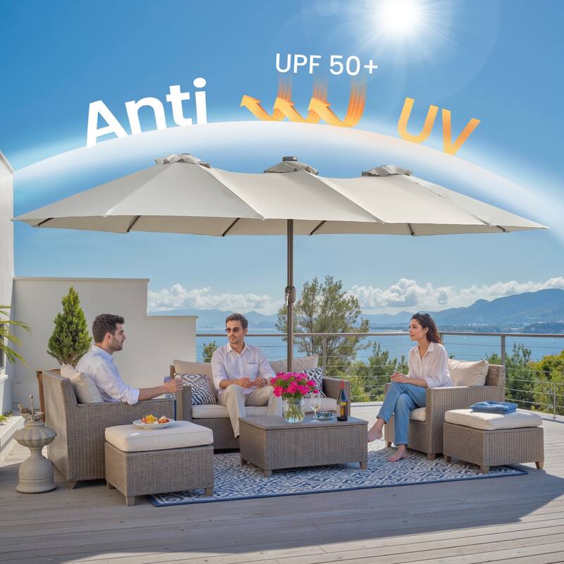 ​OVIOS 15ft Double-Sided Patio Outdoor Umbrella with Crank & Light