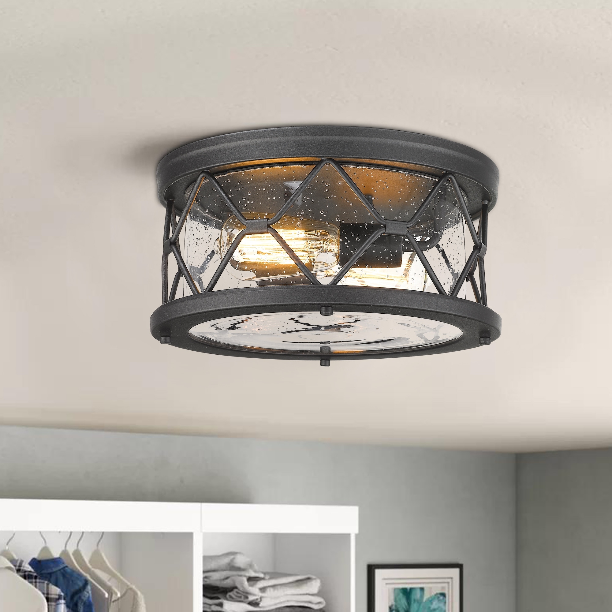 Flush Mount Ceiling Light, Black Finish with Seeded Glass