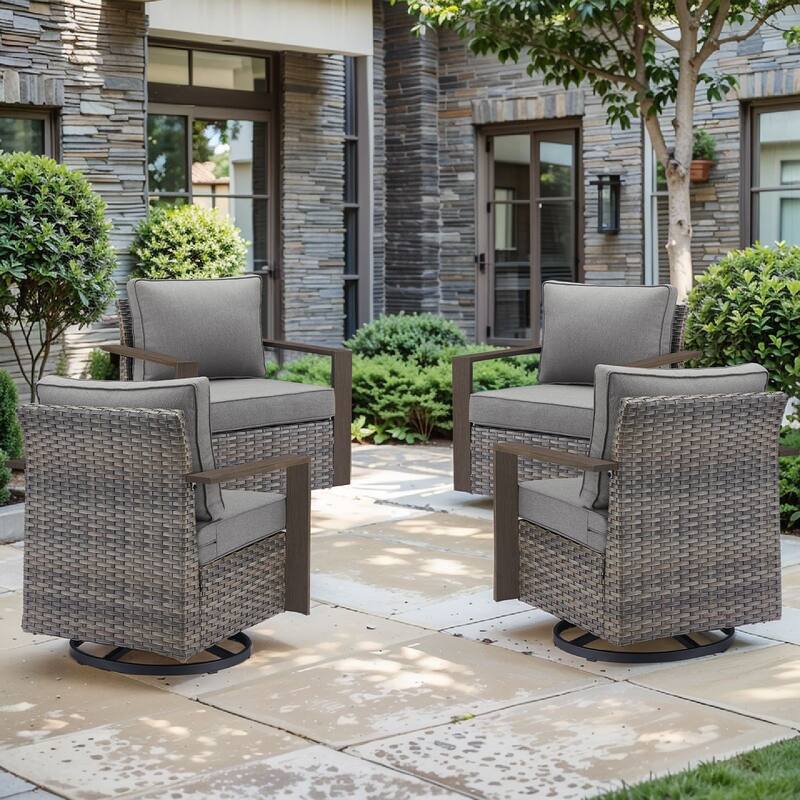 Pocassy Outdoor Patio Chairs Set for Garden Yards - 4 Pieces Swivel Chairs - Grey Wicker Gray Cushion