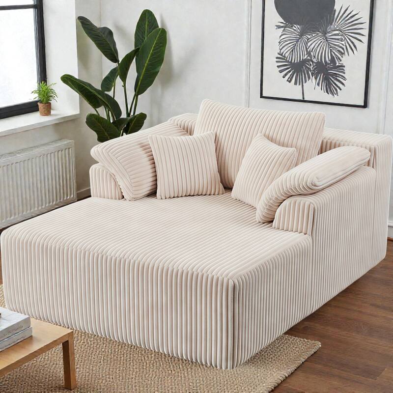 60 Inch Chaise Lounge Chair Indoor, Oversized Corduroy Boneless Sofa Bed with Deep Seat, No Assembly Required - Beige