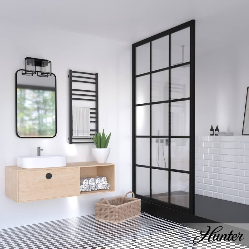 Hunter Astwood Bathroom Vanity Light, Clear Cylinder Glass, Damp Rated, Caged - Contemporary, Transitional, Art-Deco