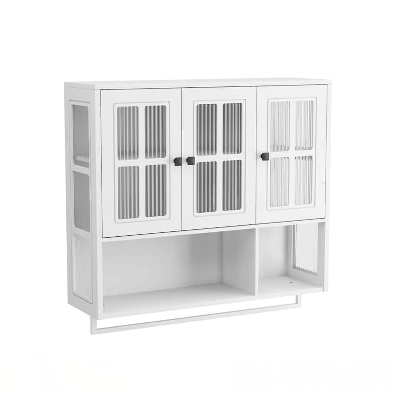 Bathroom Wall Cabinet, 3-Door Wooden Wall Cabinet with Open and Hidden Storage Space, Medicine Cabinet with Glass Door