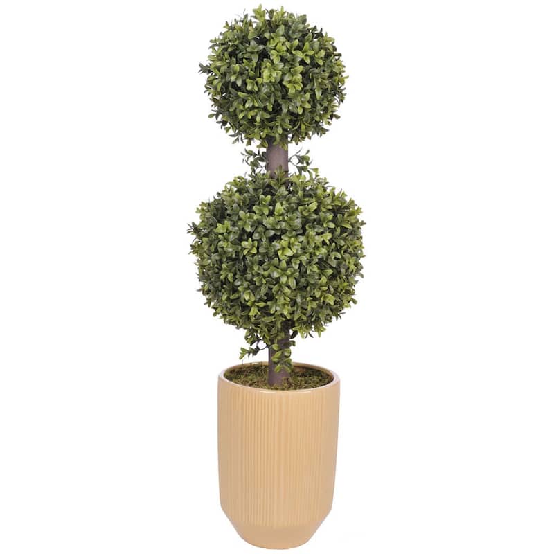 Faux 2ft Double Ball Topiary in Planter - Yellow Ceramic