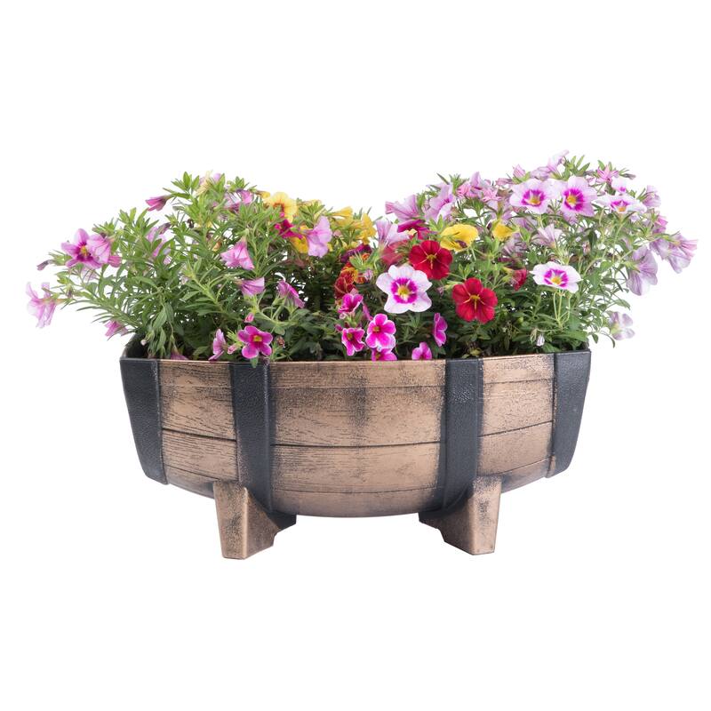 Gardenised 2-Piece Rectangular Half Barrel Flower Pots Rustic Farmhouse Style Faux Wood Planter Containers for Indoor & Outdoor