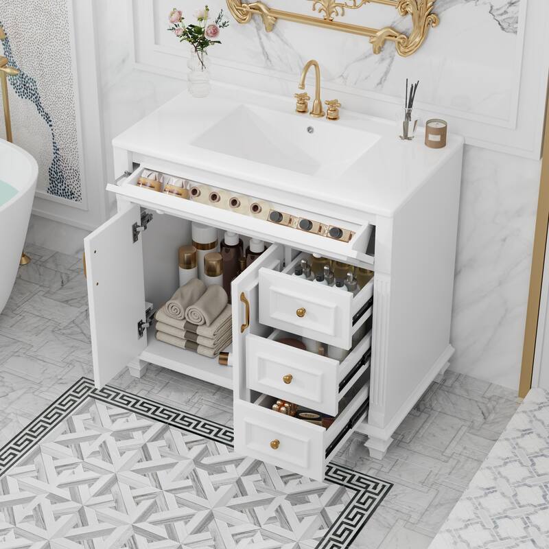 Roomfitters 36" Bathroom Vanity with Sink, Flip-Out Drawer, 3 Drawers, Soft-Close Doors, Solid Wood Cabinet