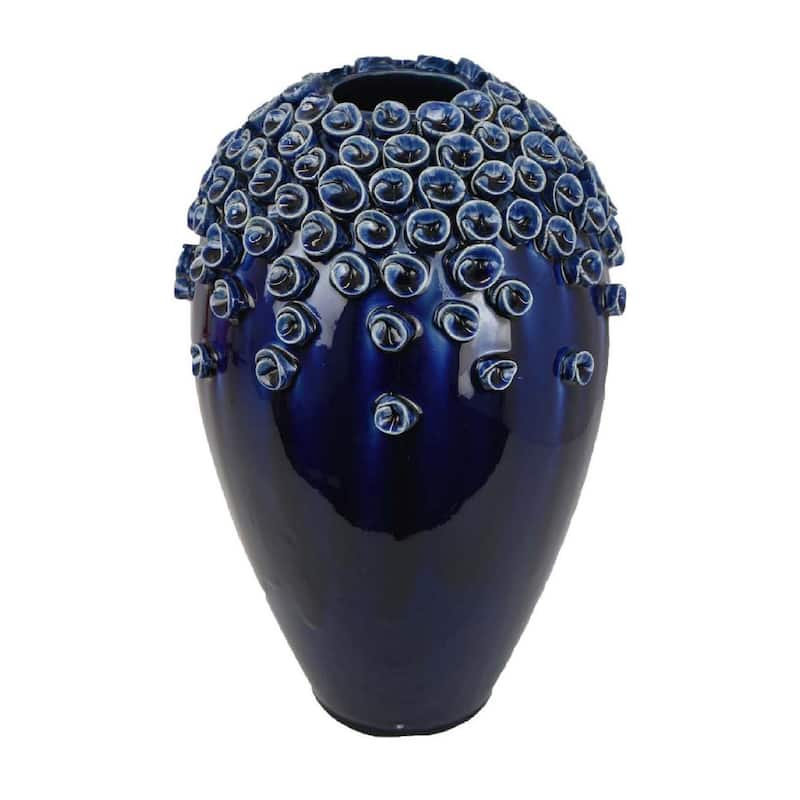 Decorative Vase, Glossy Deep Blue Ceramic, Coral Design, 15 Inch