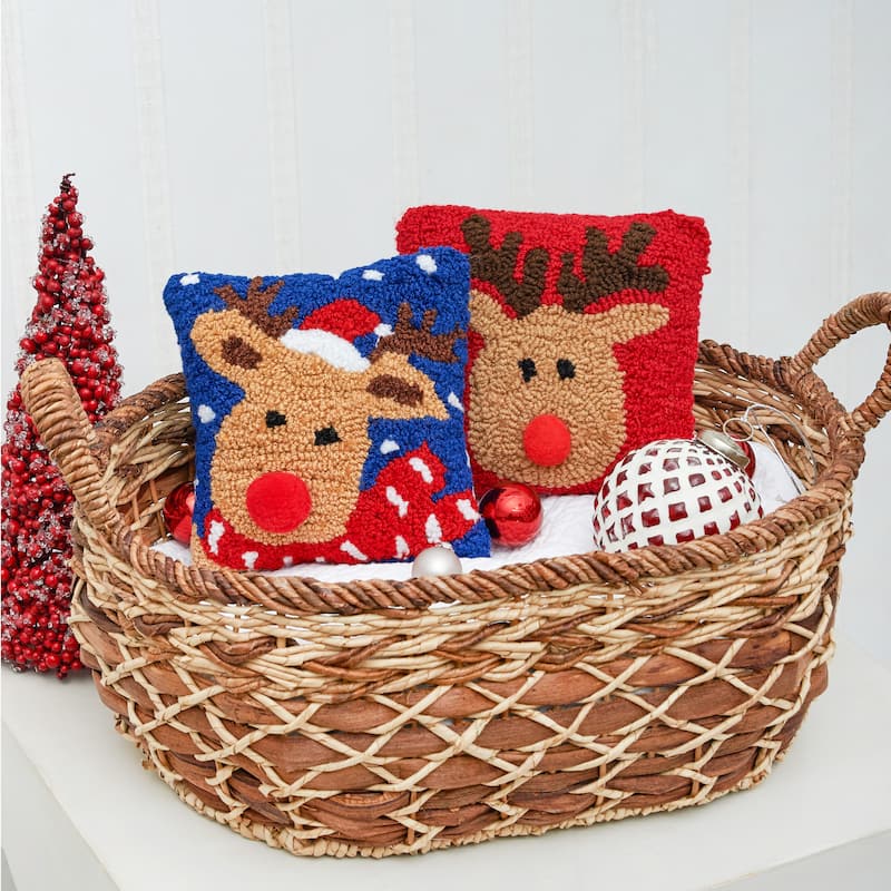 Reindeer Games with Red Nose Petite Hooked Accent Pillow, 8" x 8"