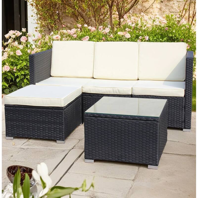 5-Piece Outdoor PE Rattan Sectional Sofa Set with Coffee Table and Waterproof Cushions - Black+Beige