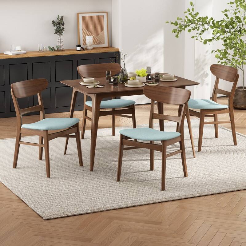 Mid-Century Modern 5-Piece Dining Set - Rubberwood & Upholstered Chairs - Mint+Walnut