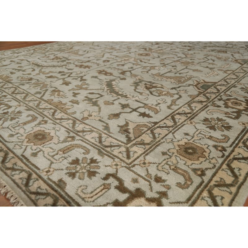 Earth Tone Oushak Area Rug Hand-Knotted Floral Beige Wool Carpet - 9'3" x 12'1" - Ivory/Beige - 9'3" x 12'1"