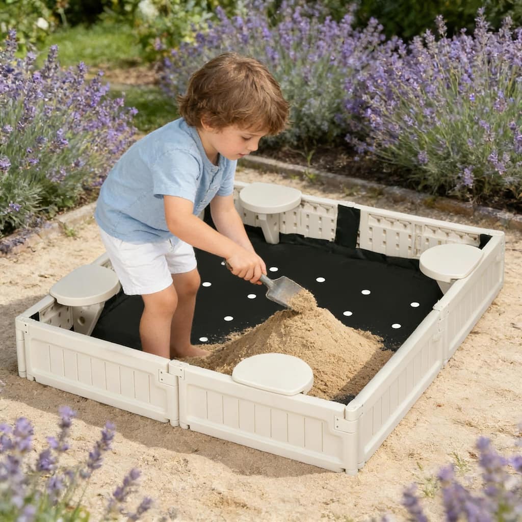 GDFStudio Outdoor Lior HDPE Kids Sandbox with Seats and Protective Cover