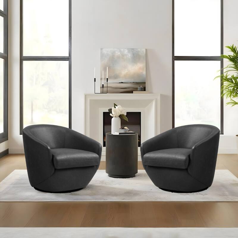 2 Set Vegan Leather Armchair Barrel Swivel Accent Chairs - PU Leather - Black