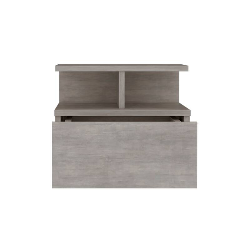 Wall-Mounted Floating Nightstand with Drawer and 2-Tier Shelf, Concrete Gray