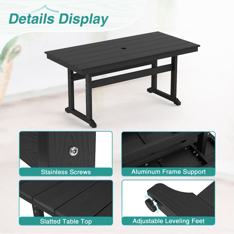 A 66.1-inch HDPS Outdoor Rectangular Table With Umbrella Holes - 32.7" W x 66.1" L x 30.1" H