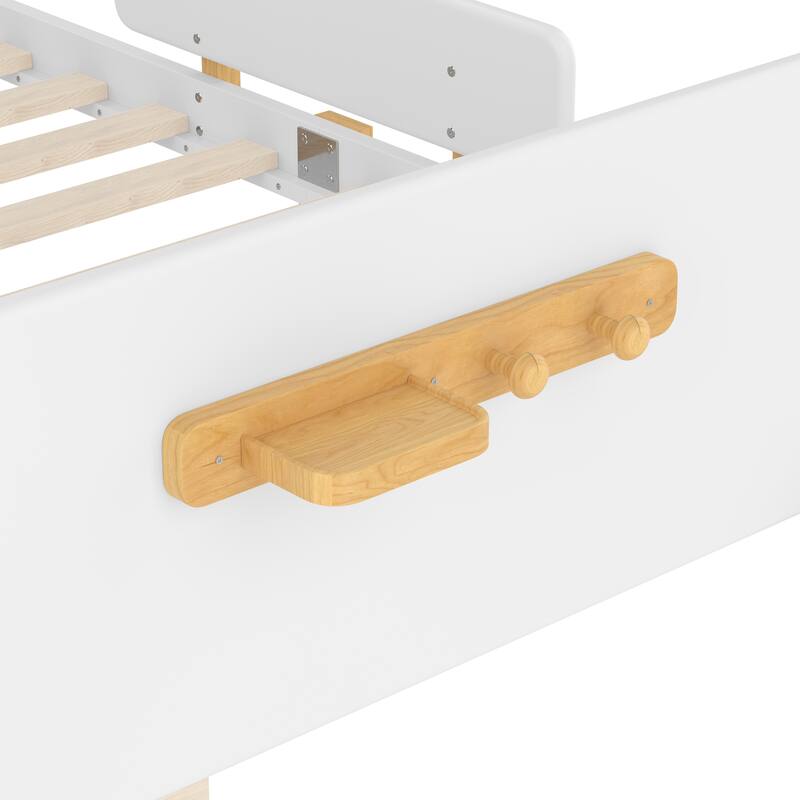 Low Profile Solid Wood Platform Bed Frame with Storage Drawers, Guardrails and Headboard, Footboard with Small Shelf and Hooks