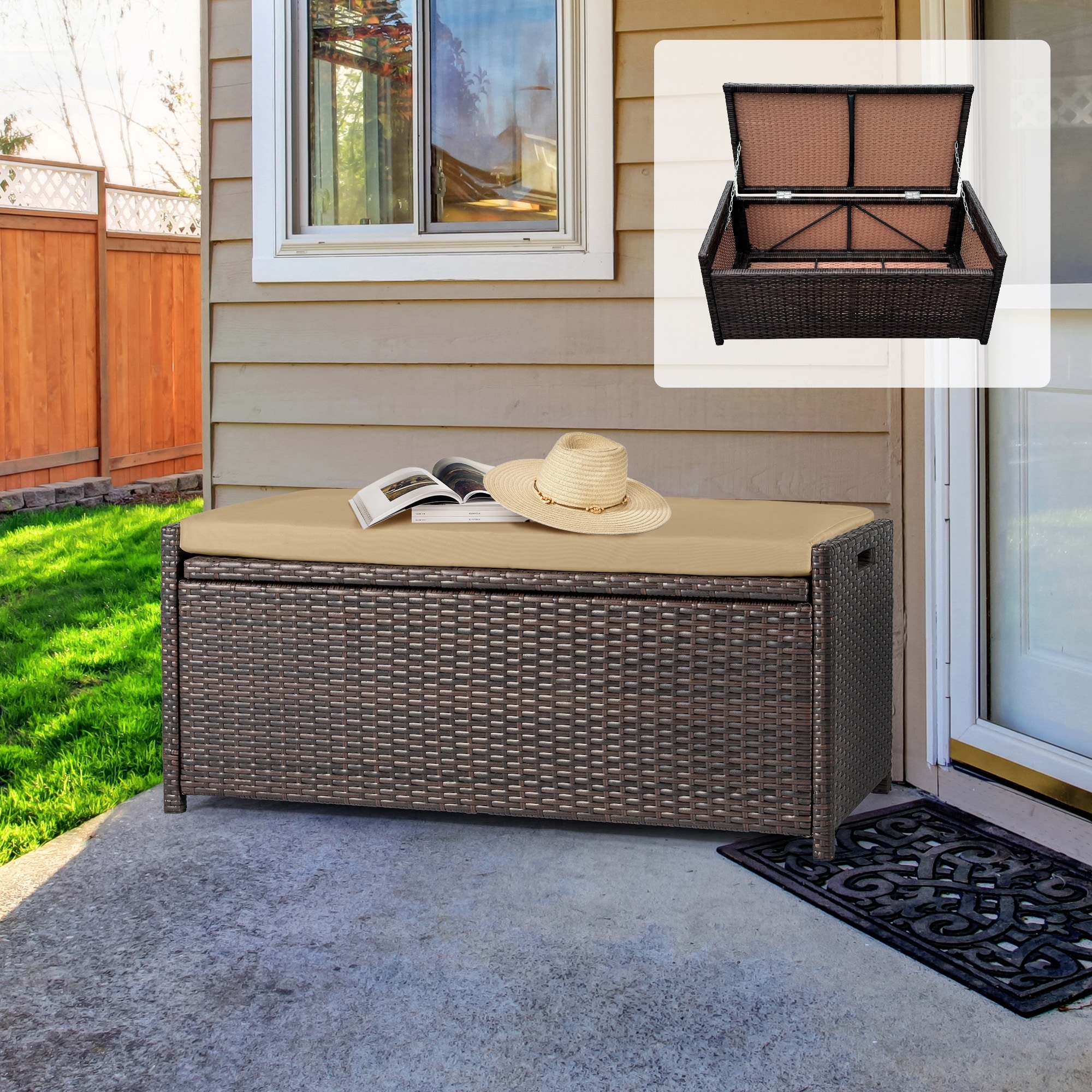 Outdoor Wicker Storage Bench Deck Box, Patio Furniture Pool