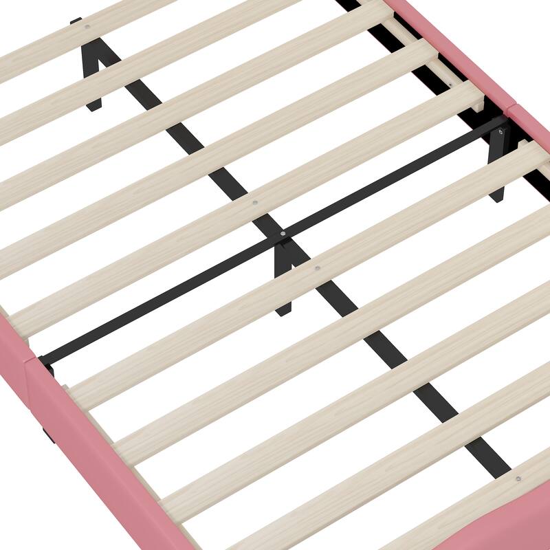 Crown-Shaped PU Leather Princess Bed with Tufted Headboard, Full Size Pink & Cream