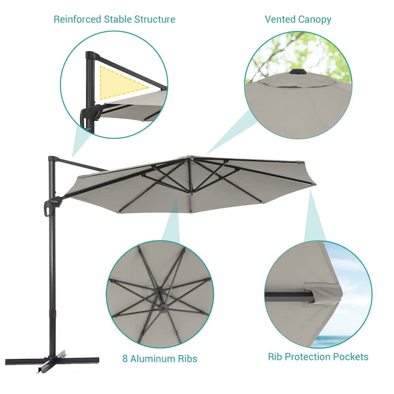 BONOSUKI 11FT LED Cantilever Patio Umbrella 360 Rotation w/Cross Base