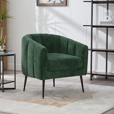 29.9" Upholstered Chenille Vanity Barrel Accent Chair with Metal Legs, Channel Tufted Lounge Chair Round Leisure Armchair