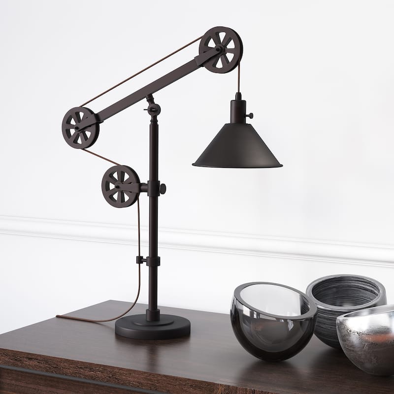 Carbon Loft Tirith Industrial Farmhouse Table Lamp with Pulley System