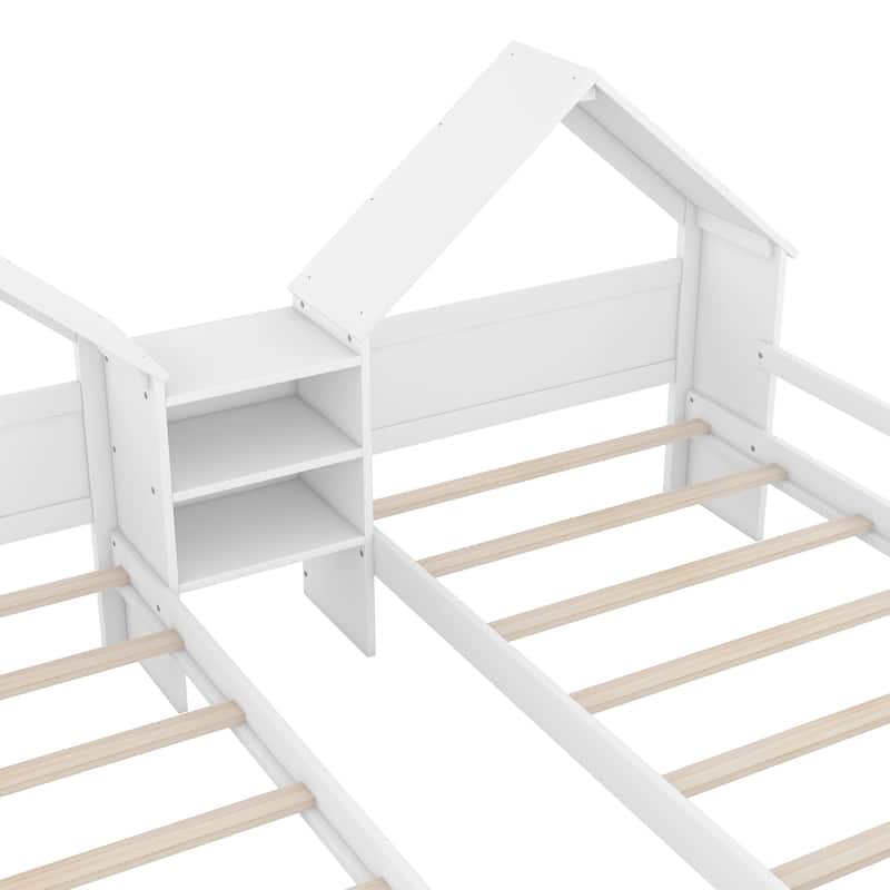 Roomfitters Double Twin Size Platform Bed with House-Shaped Headboard and Built-In Nightstand