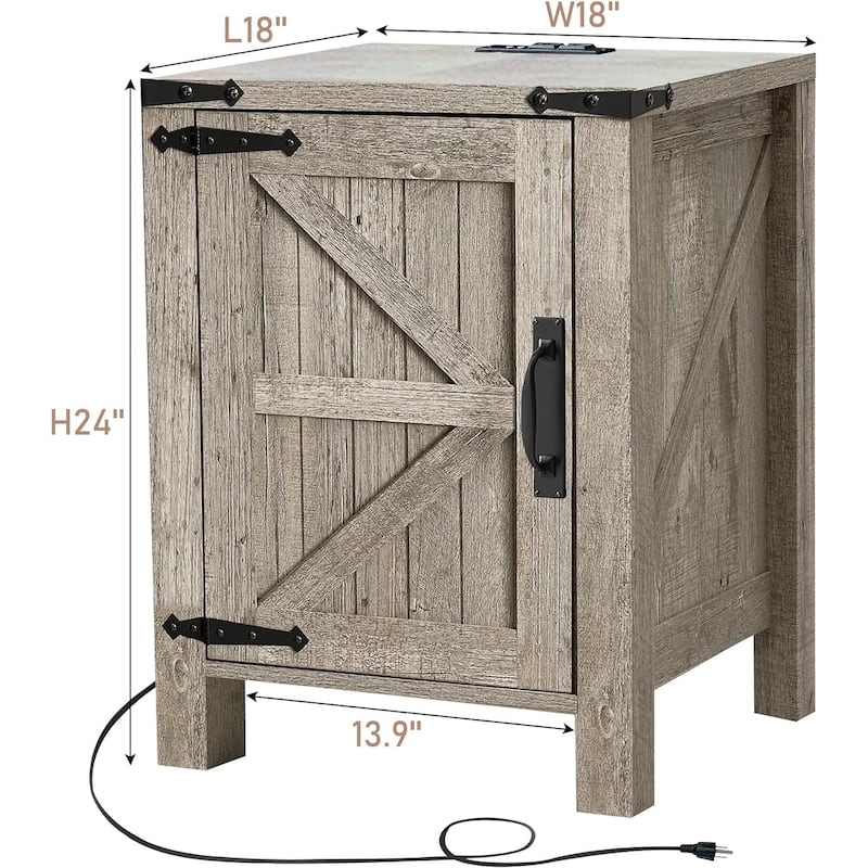 Farmhouse Wood Nightstand with Charging Station, End Table, Side Table