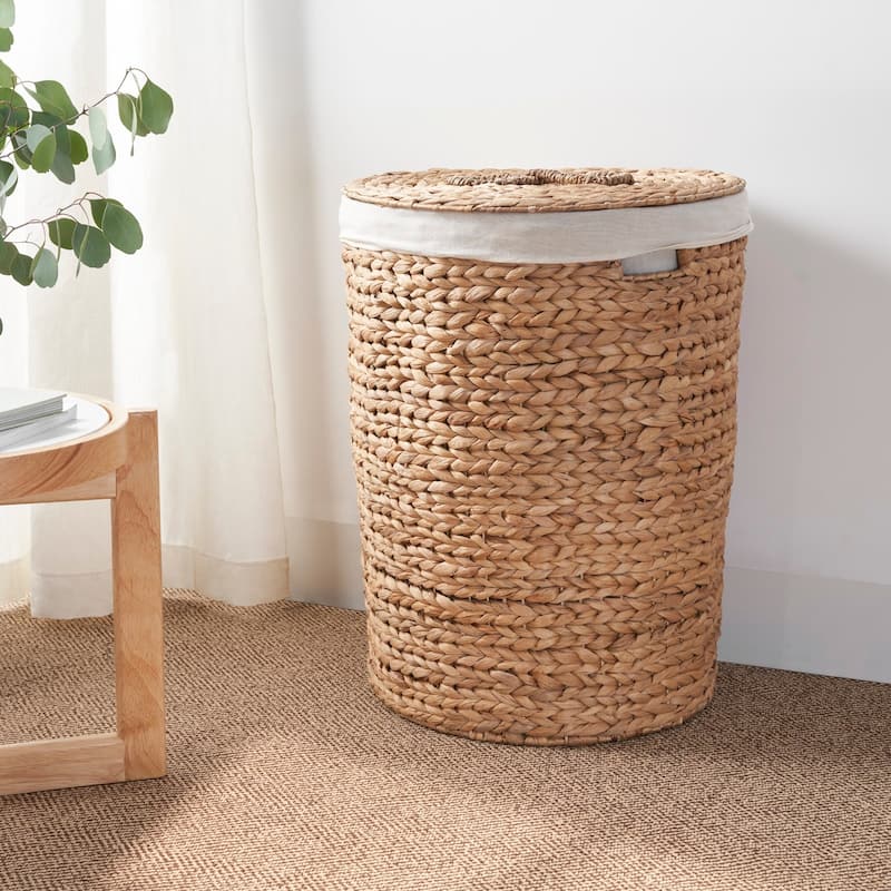 Ludmilla Round Tall Water Hyacinth Woven Wicker Laundry Hamper with Lid