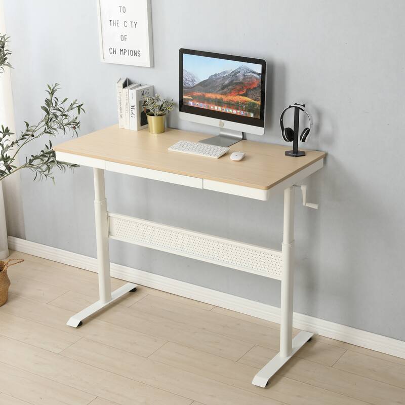 Tempered Glass Standing Desk with Metal Drawer, Adjustable Height Stand up Desk, Sit Stand Home