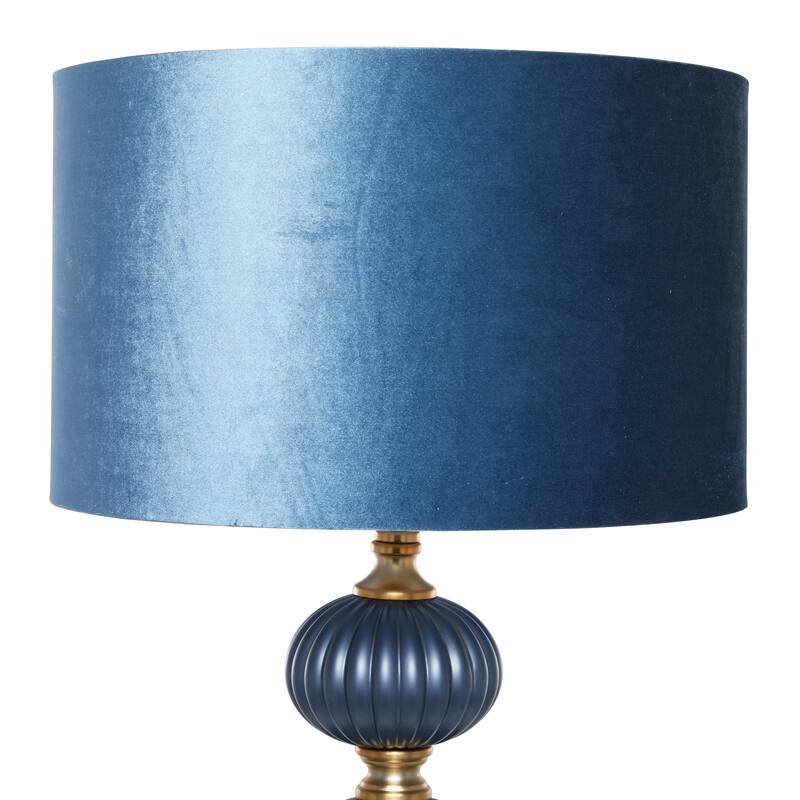 Blue Fabric Ribbed Room Floor Lamp with Velvet Shade and Gold Accents