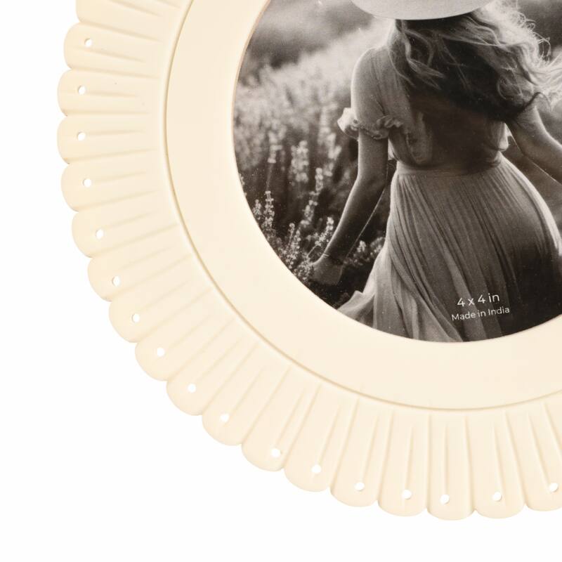 Ivory 4x4 in. Round Solid Etched Petal Resin Photo Frame