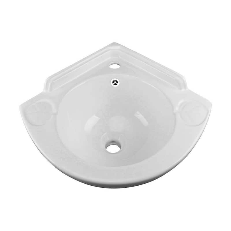 White Ceramic Corner Wall Mount Bathroom Sink Mountain Pond 20.5" with Overflow and Backsplash Renovators Supply