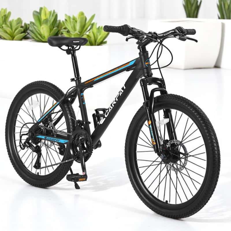 26" Mountain Bike, Shimano 21-Speed with Mechanical Disc Brakes, High-Carbon Steel Frame, Suspension MTB Bicycle - Blue