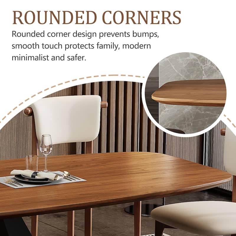 86" Mid Century Modern Dining Table, Brown Solid Wood Tabletop with Black Stainless Steel Legs, Retangular DiningTable for 8-10