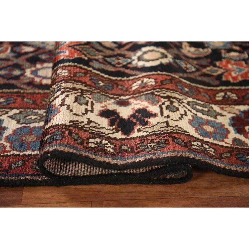 Hand Knotted Oriental 100% Wool Carpet Traditional Geometric Black Malayer Runner Rug - 10' 3'' X 3' 4''