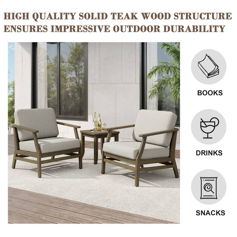 Teak Outdoor Bistro Set with Weather-Resistant Cushions (3-Piece Set)