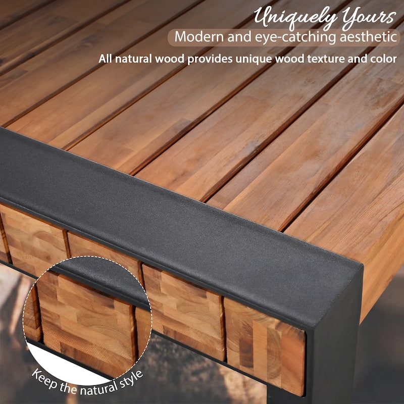 3-pieces Outdoor Dining Table with 2 Benches, Acacia Wood Top & Steel Frame
