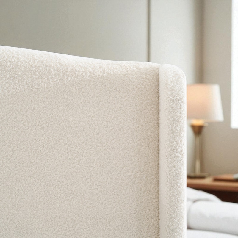 Twin/Queen/King Platform Bed, 49.21 in Upholstered Headboard, Teddy Velvet, 12-Slat Support, Solid Wood Legs, White