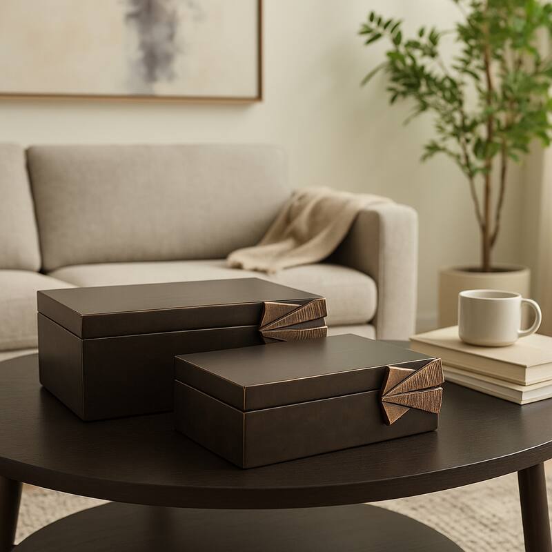 Faux Leather Storage Boxes with Metal Accents (Set of 2) - 9/11" Gray - 11" x 8" x 4"