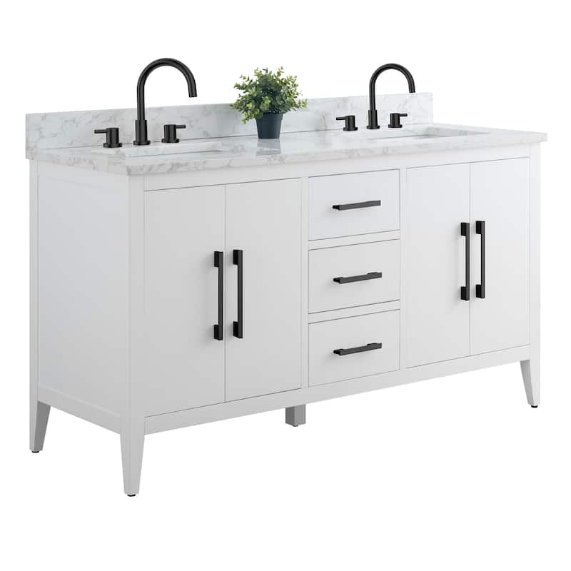 Vanity Art 60" Double Sink Bathroom Vanity Cabinet with Engineered Marble Top