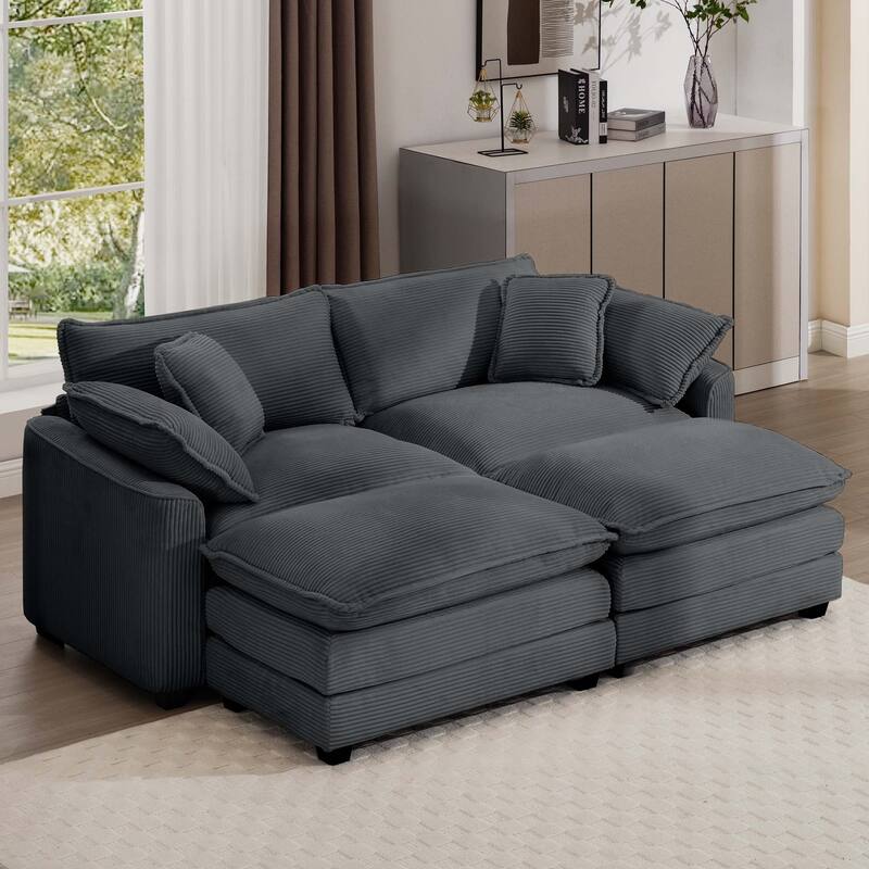 GDFStudio - Fiber Corduroy 2 Seater Sofa with Dual Ottomans Set - Grey